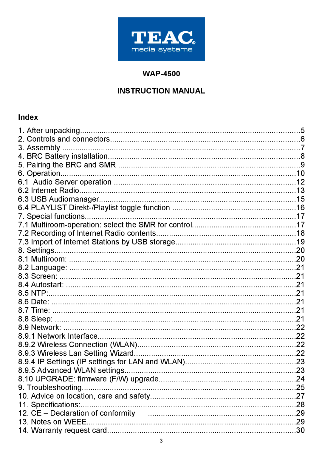 Teac WAP-4500 instruction manual Index 