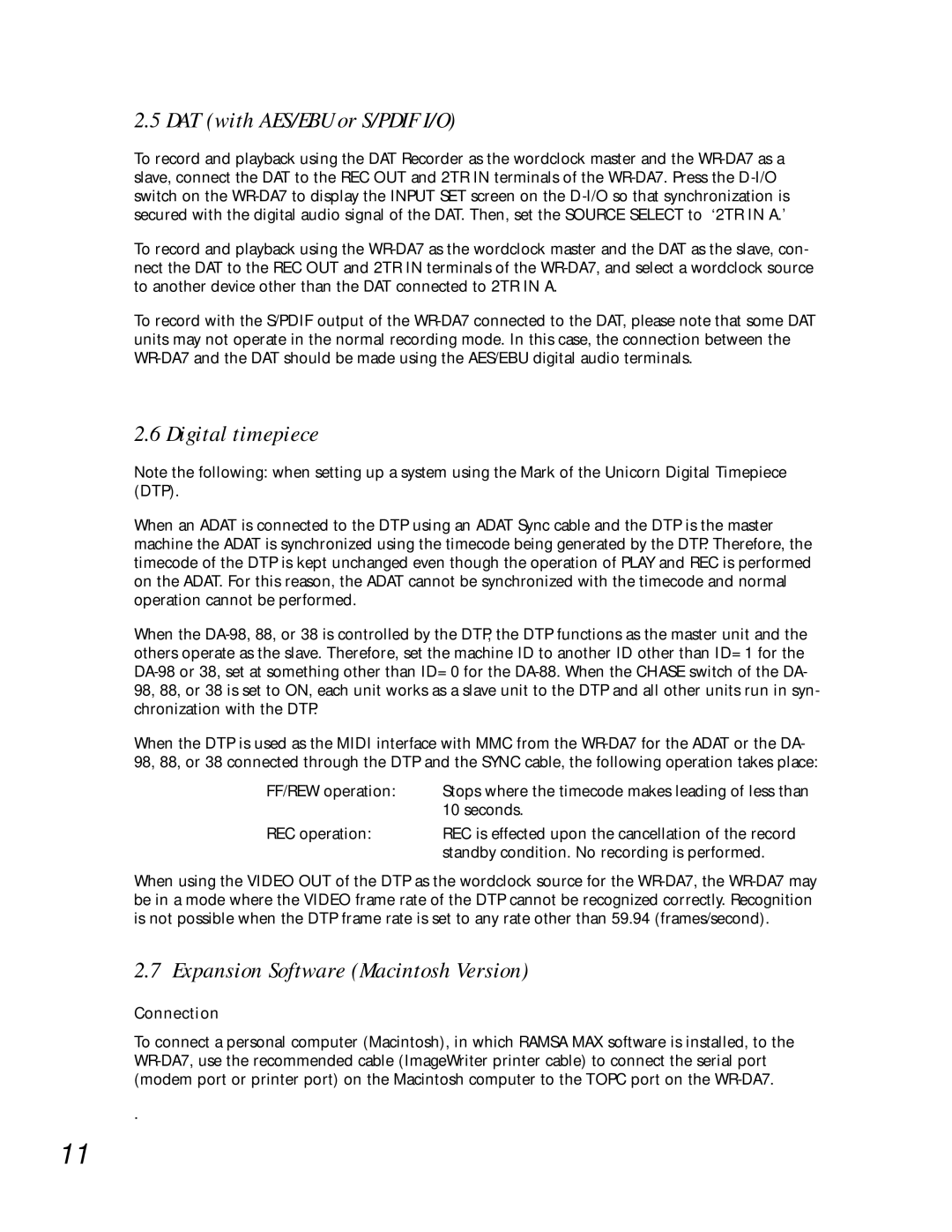 Teac WR-DA7 manual DAT with AES/EBU or S/PDIF I/O, Digital timepiece, Expansion Software Macintosh Version, Connection 