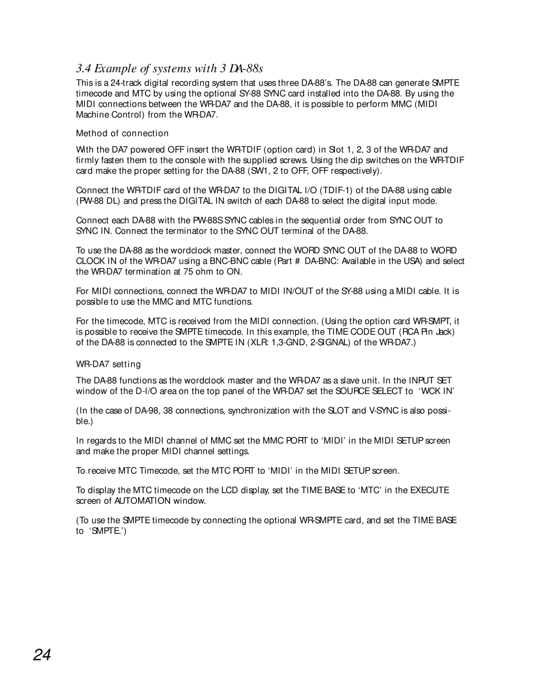 Teac WR-DA7 manual Example of systems with 3 DA-88s, Method of connection 
