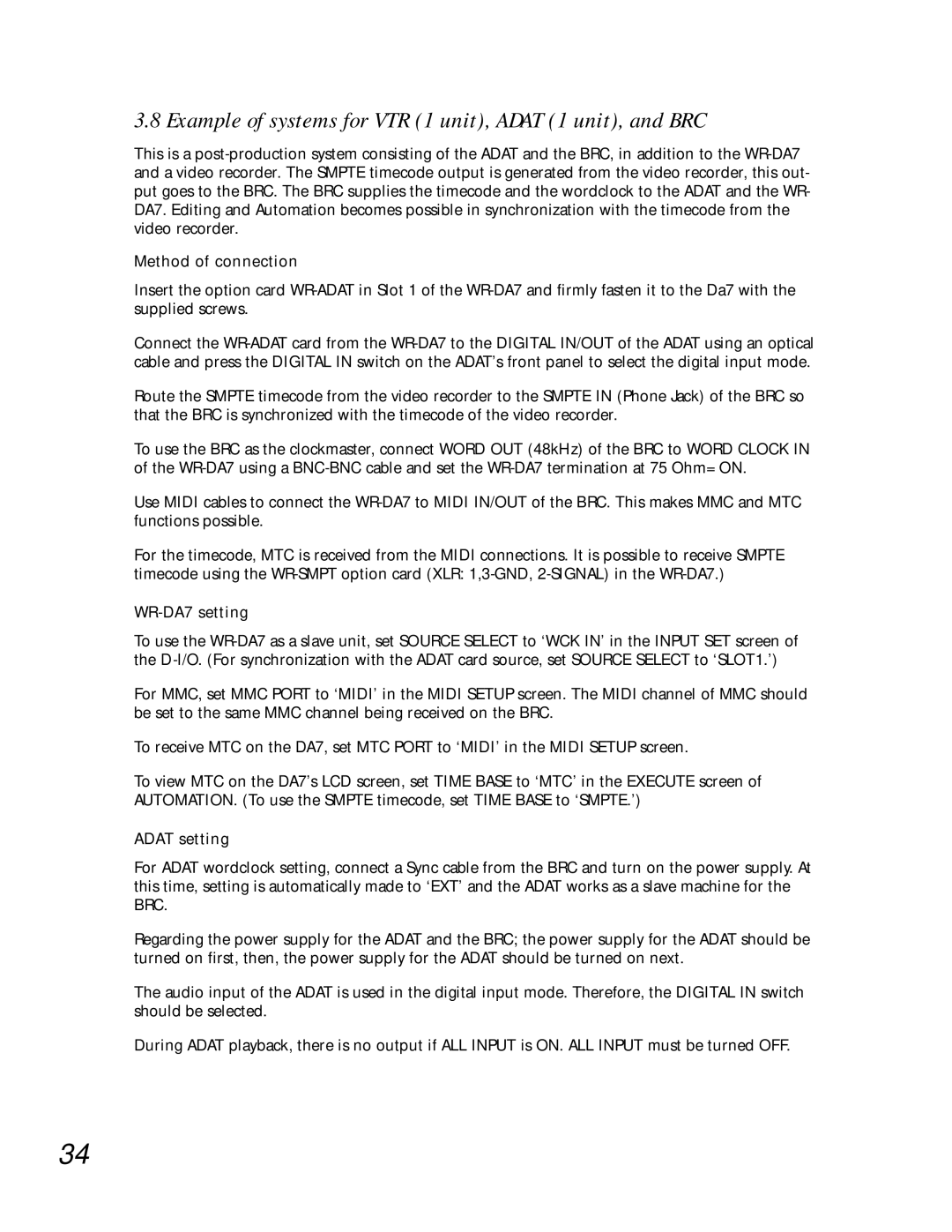 Teac WR-DA7 manual Example of systems for VTR 1 unit, Adat 1 unit, and BRC, Adat setting 