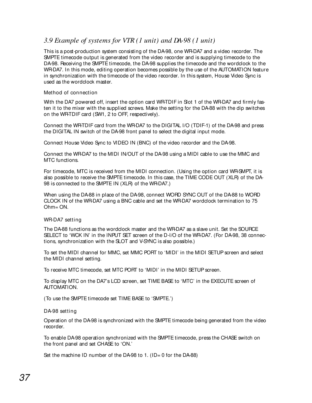 Teac WR-DA7 manual Example of systems for VTR 1 unit and DA-98 1 unit, DA-98 setting 
