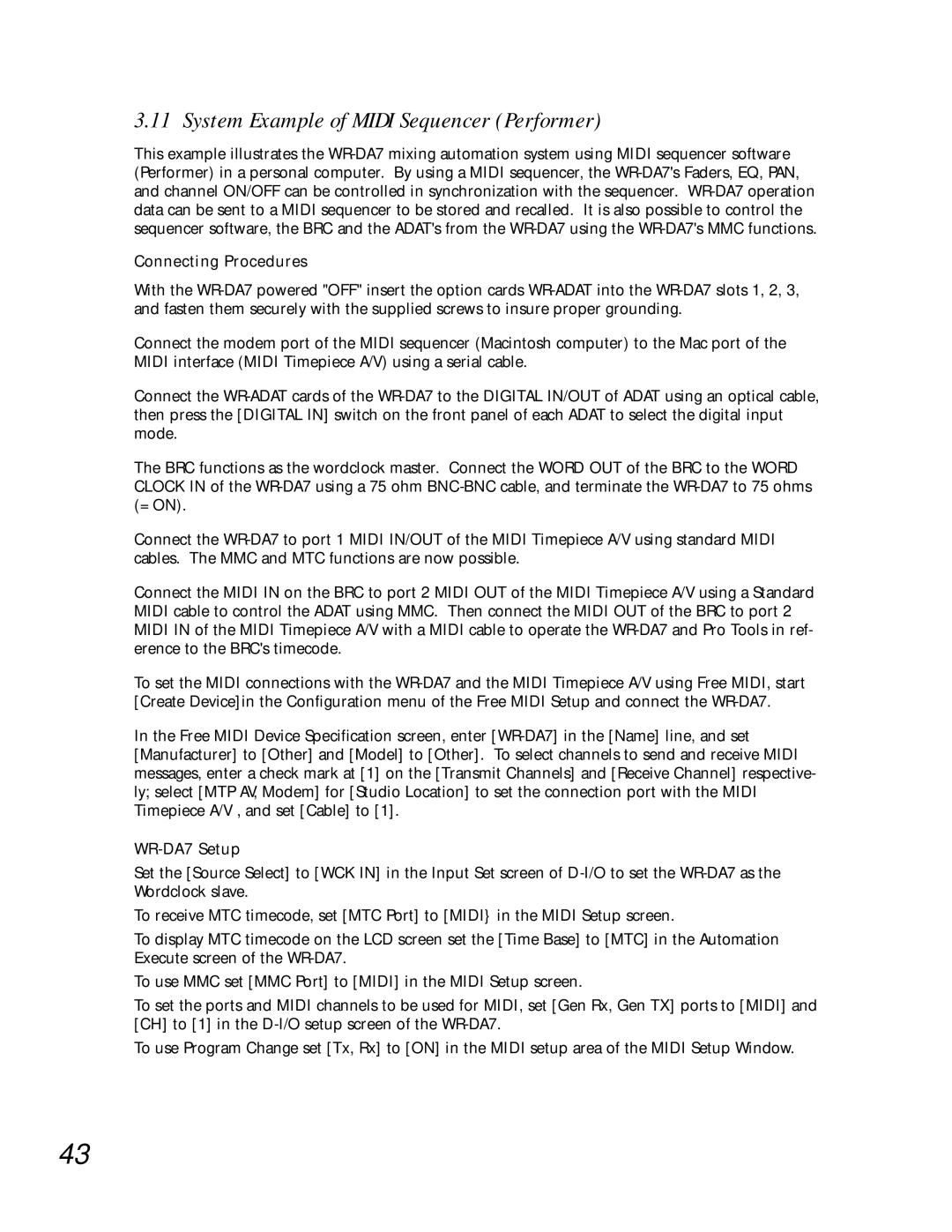 Teac WR-DA7 manual System Example of Midi Sequencer Performer, Connecting Procedures 