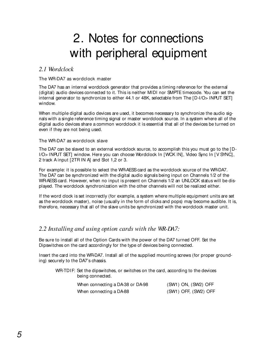 Teac manual Wordclock, Installing and using option cards with the WR-DA7, WR-DA7 as wordclock master, SW1 