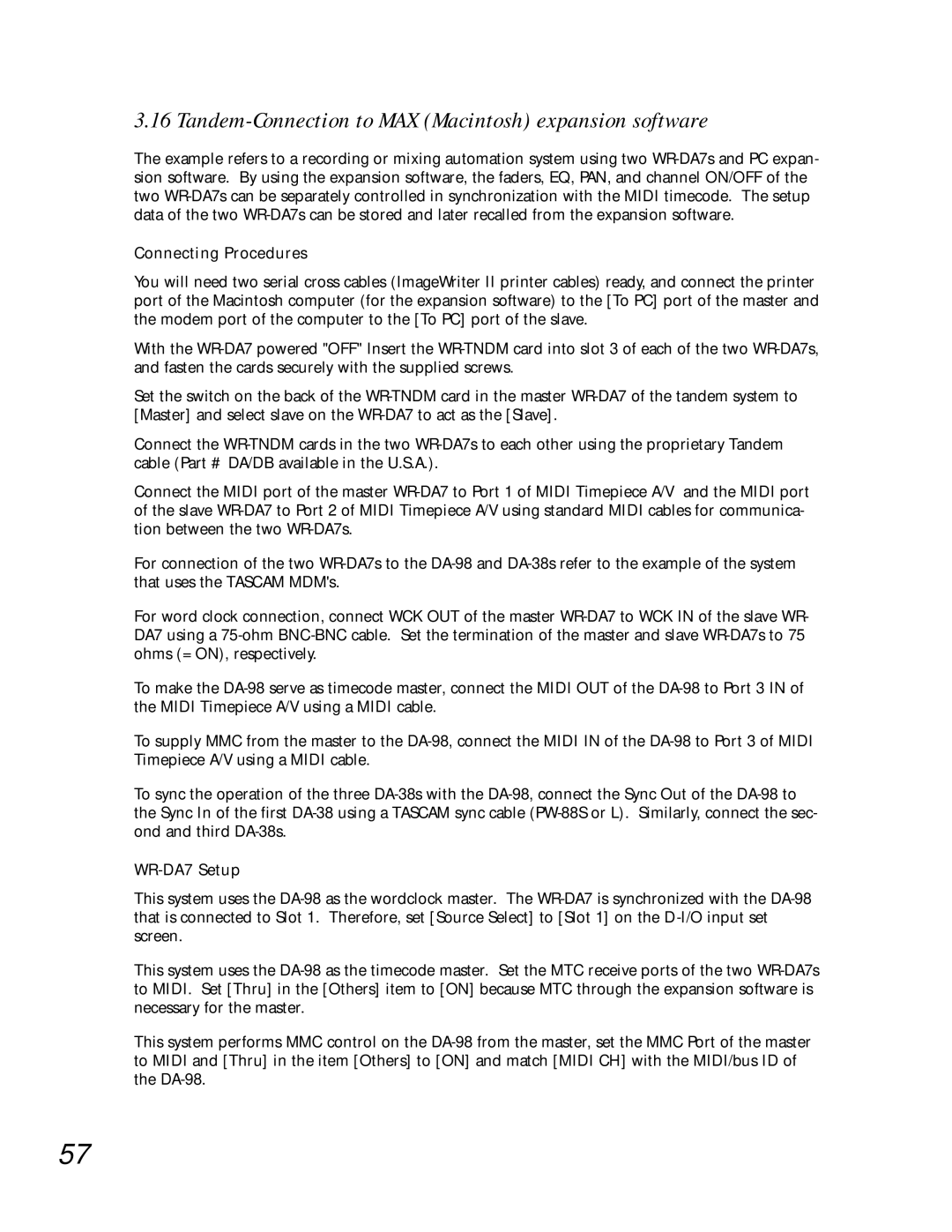 Teac WR-DA7 manual Tandem-Connection to MAX Macintosh expansion software, Connecting Procedures 
