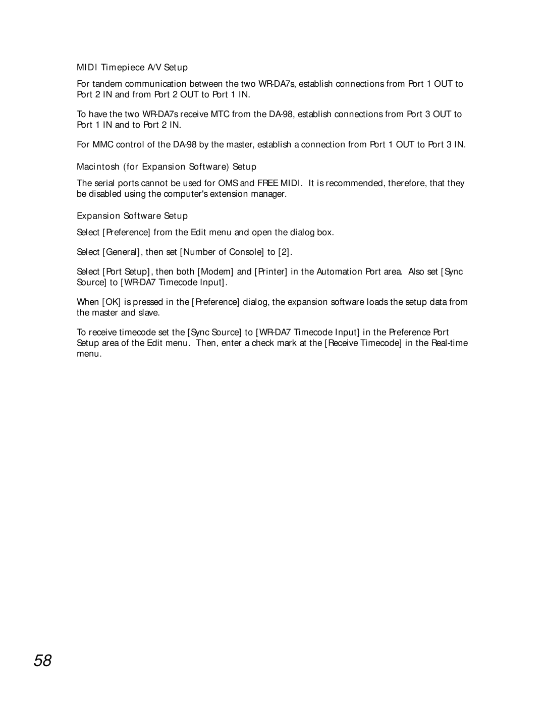 Teac WR-DA7 manual Midi Timepiece A/V Setup, Macintosh for Expansion Software Setup 