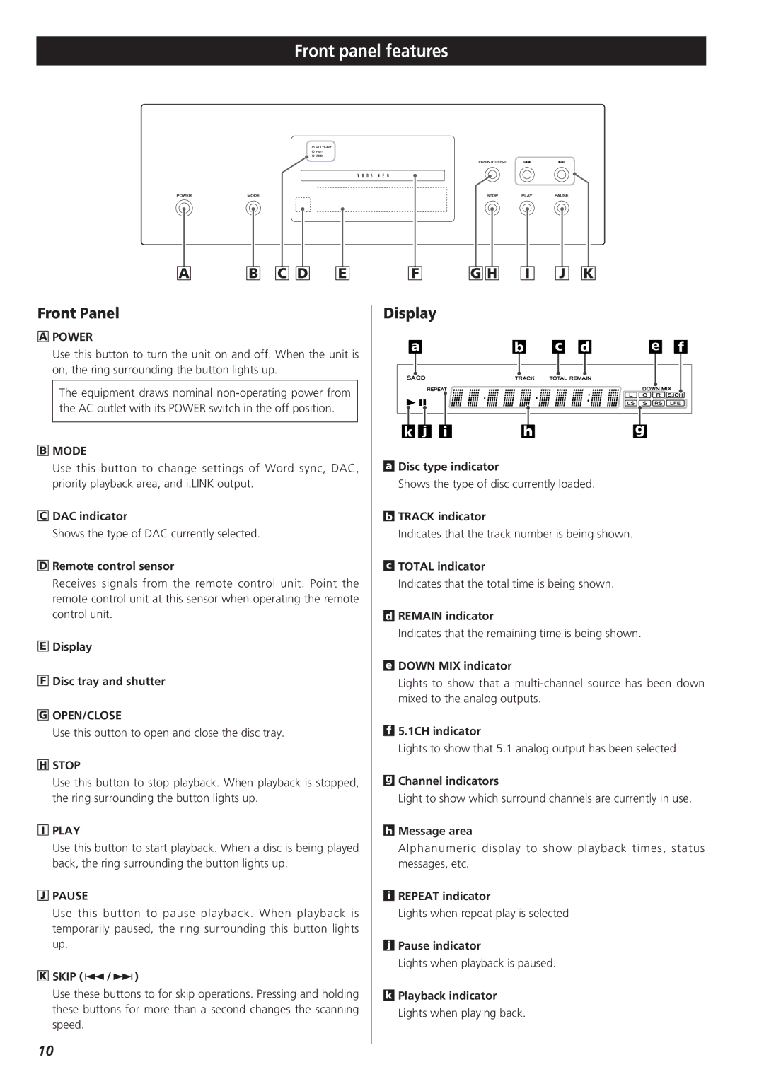 Teac X-01 D2 owner manual Front panel features, Front Panel, Display 