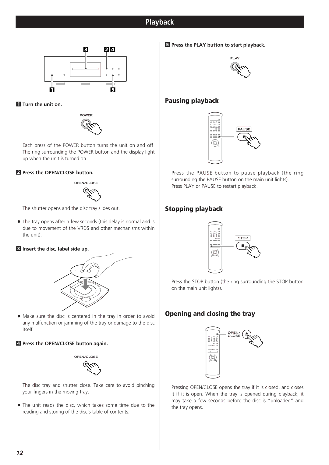 Teac X-01 D2 owner manual Playback, Pausing playback, Stopping playback, Opening and closing the tray 