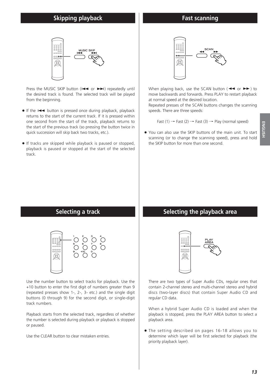 Teac X-01 D2 owner manual Skipping playback, Selecting a track, Fast scanning, Selecting the playback area 