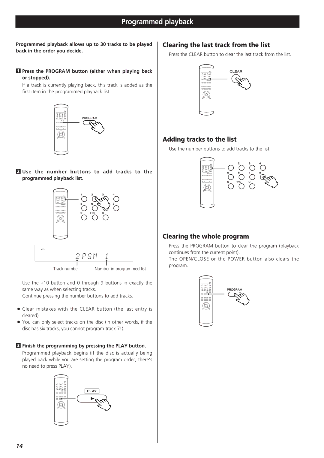 Teac X-01 D2 owner manual Programmed playback, Clearing the last track from the list, Adding tracks to the list 