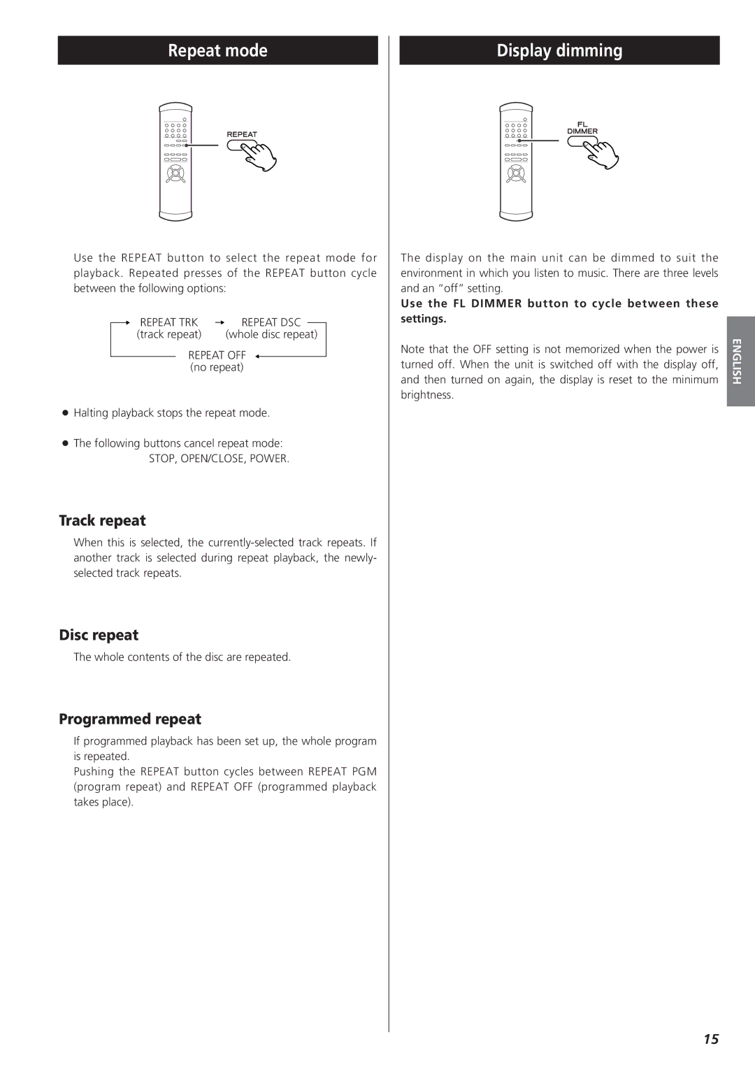 Teac X-01 D2 owner manual Repeat mode, Display dimming, Track repeat, Disc repeat, Programmed repeat 