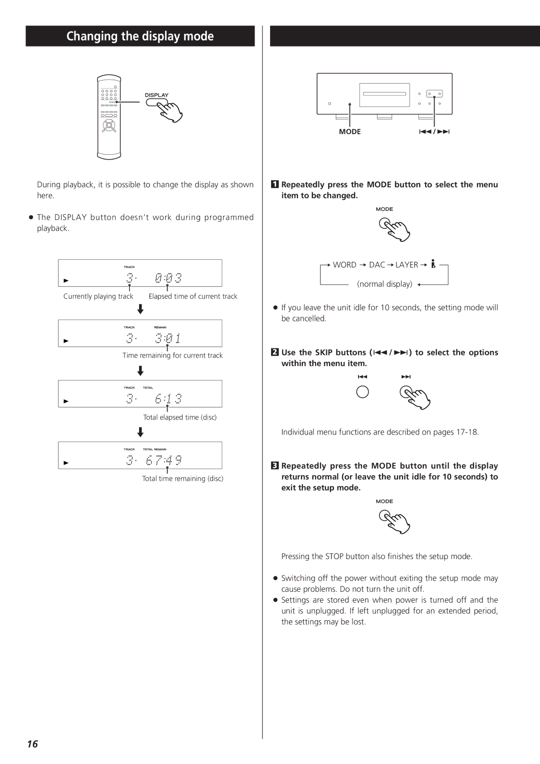 Teac X-01 D2 owner manual Changing the display mode, Word DAC Layer 