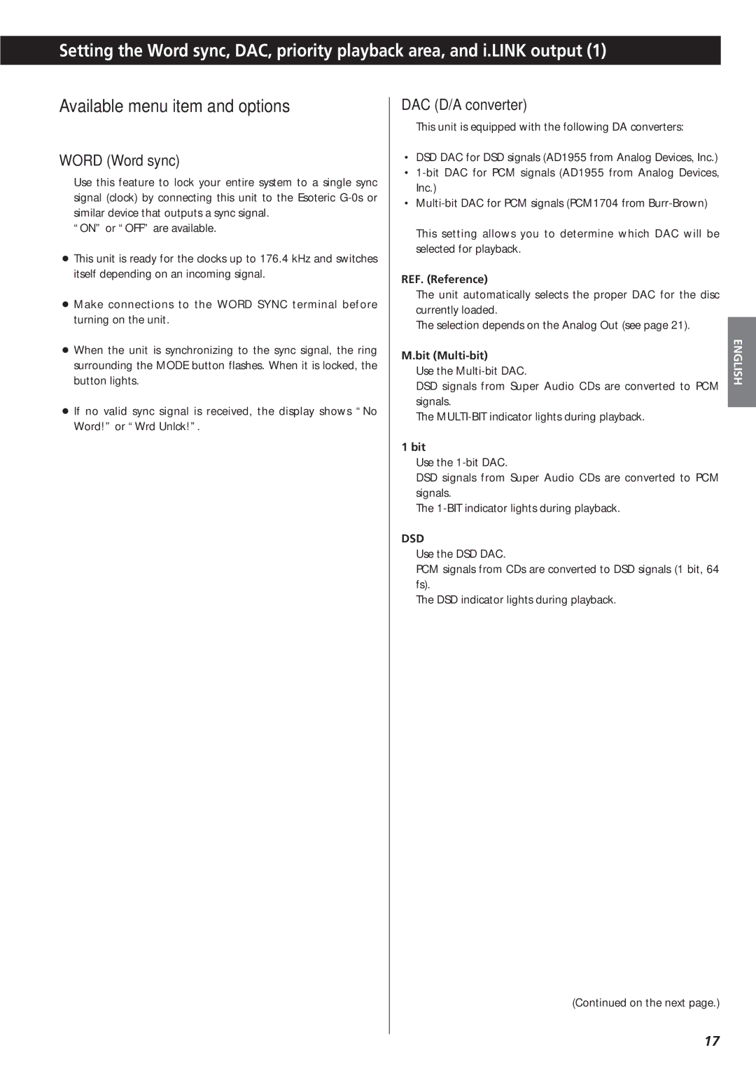 Teac X-01 D2 owner manual Word Word sync, DAC D/A converter, Dsd 