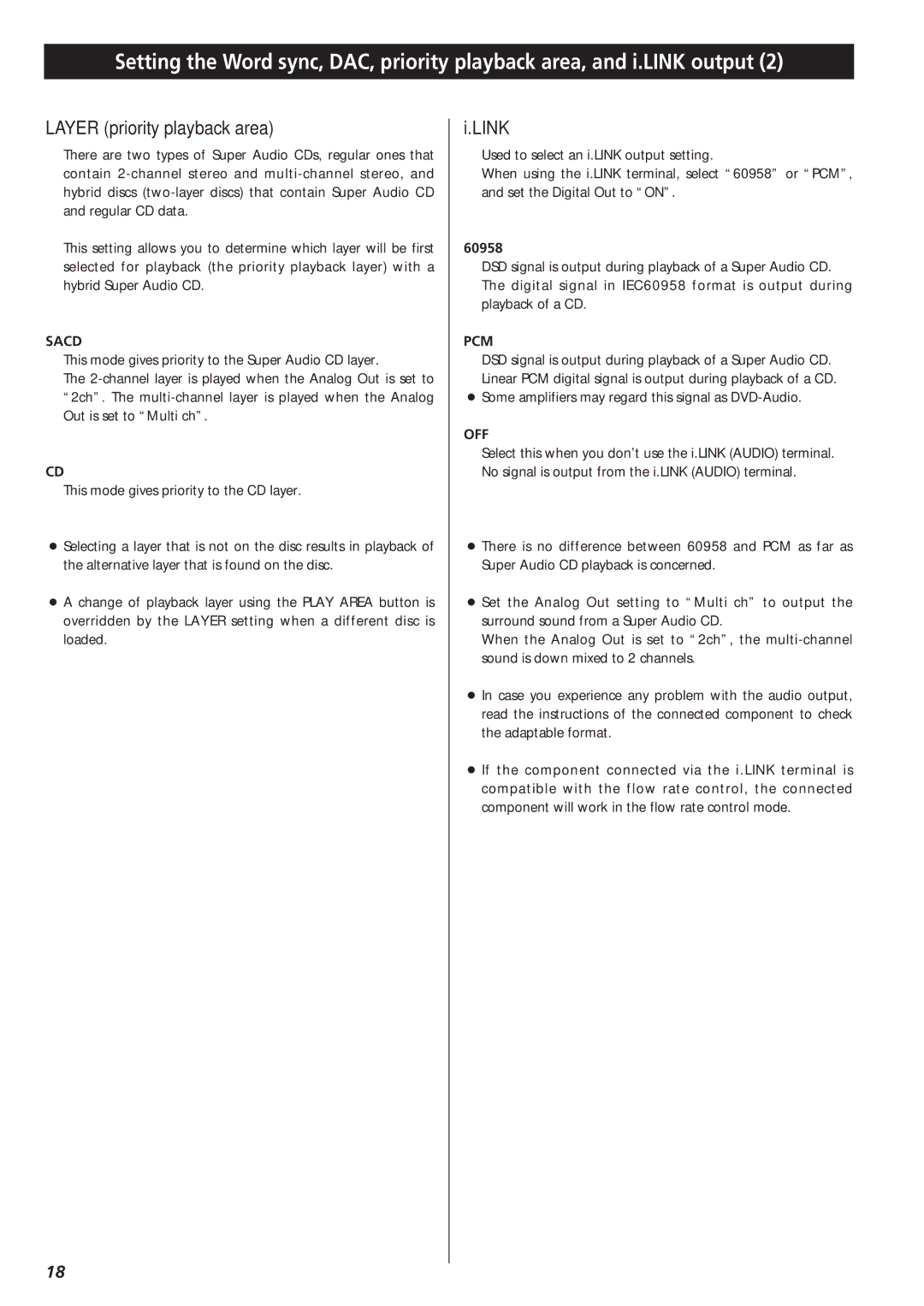 Teac X-01 D2 owner manual Layer priority playback area, Link, Sacd, Pcm, Off 