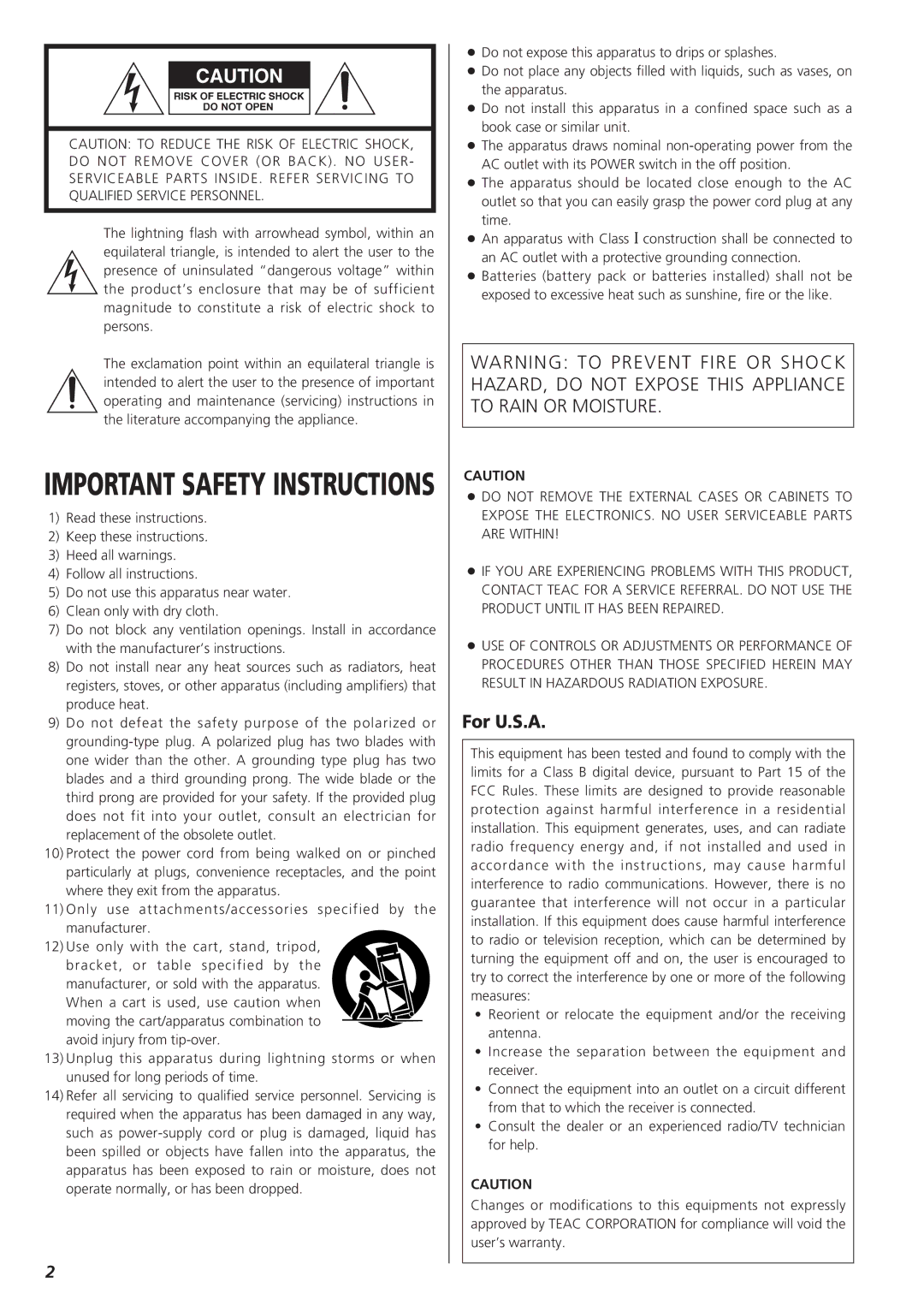 Teac X-01 D2 owner manual Important Safety Instructions, For U.S.A 