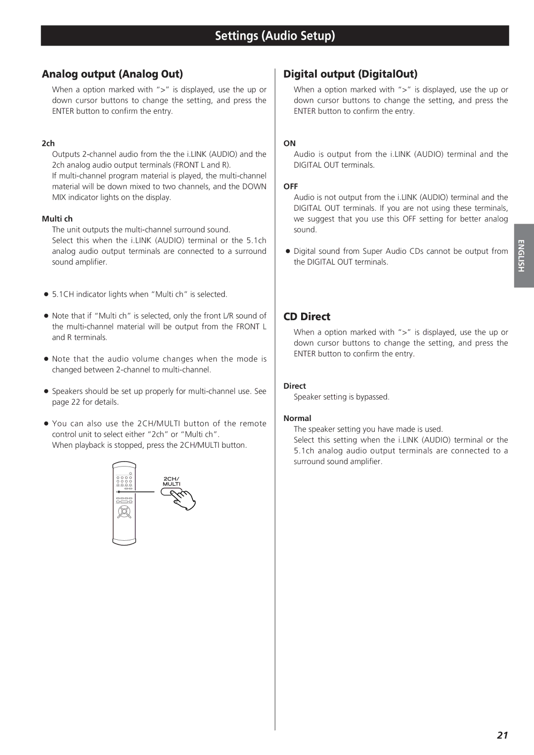 Teac X-01 D2 owner manual Settings Audio Setup, Analog output Analog Out, Digital output DigitalOut, CD Direct 