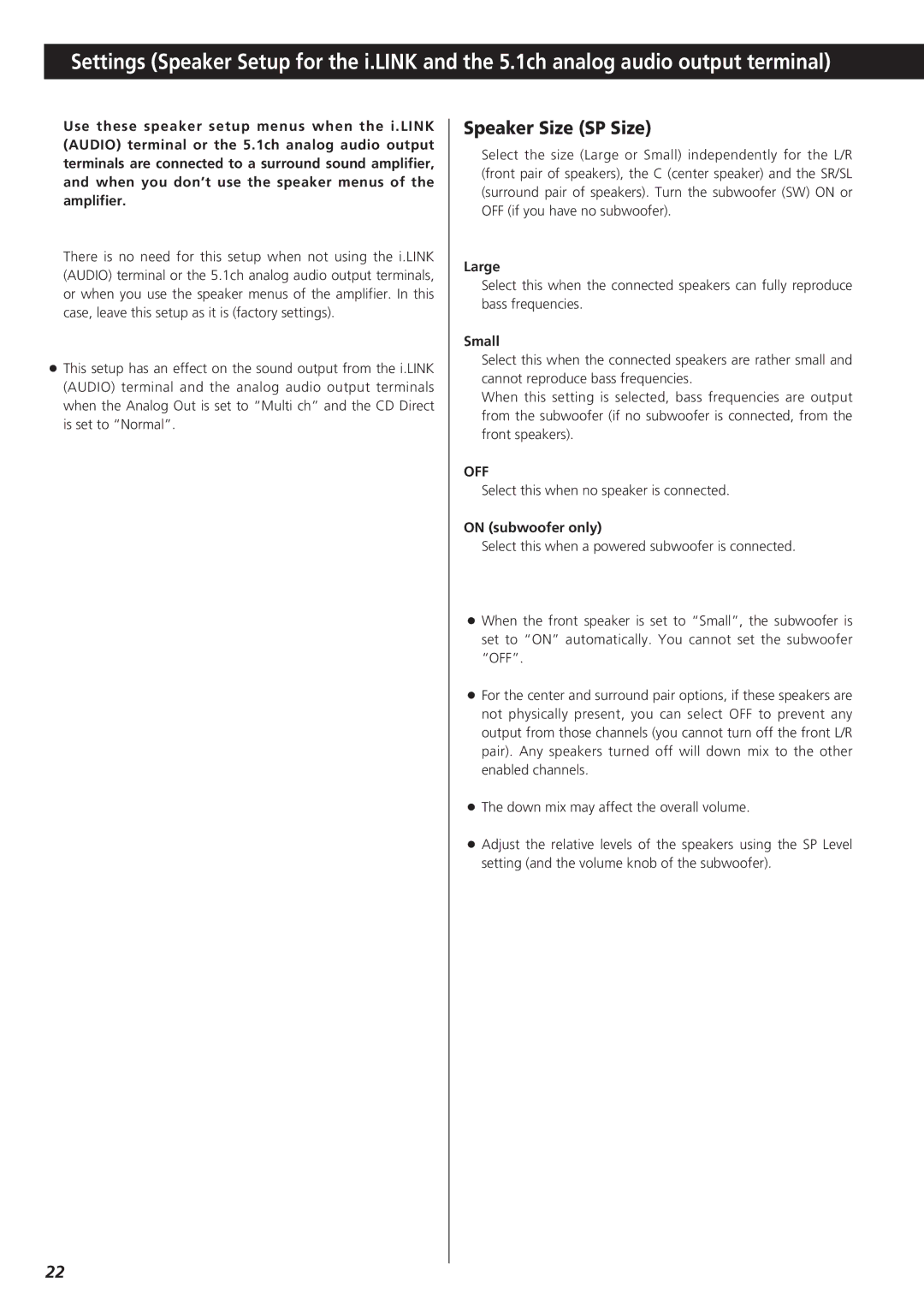 Teac X-01 D2 owner manual Speaker Size SP Size, Large, Small, On subwoofer only 