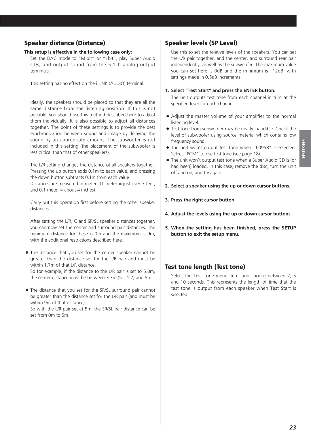 Teac X-01 D2 owner manual Speaker distance Distance, Speaker levels SP Level, Test tone length Test tone 