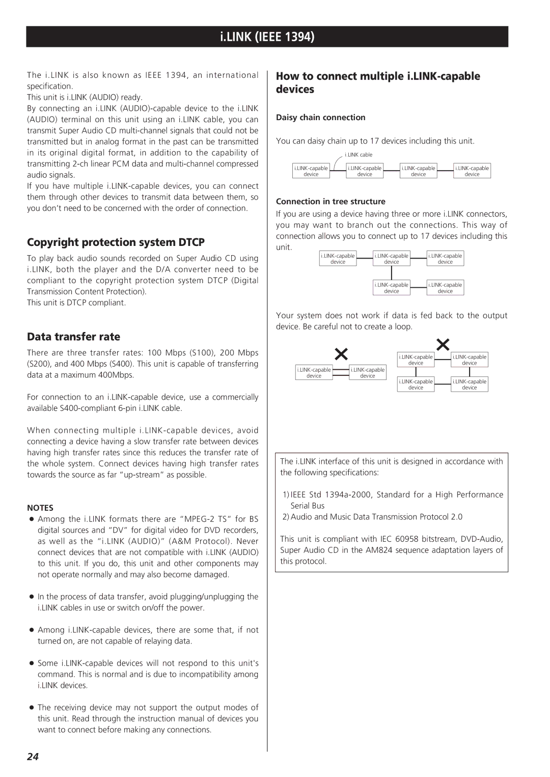 Teac X-01 D2 owner manual Link Ieee, Copyright protection system Dtcp, Data transfer rate 