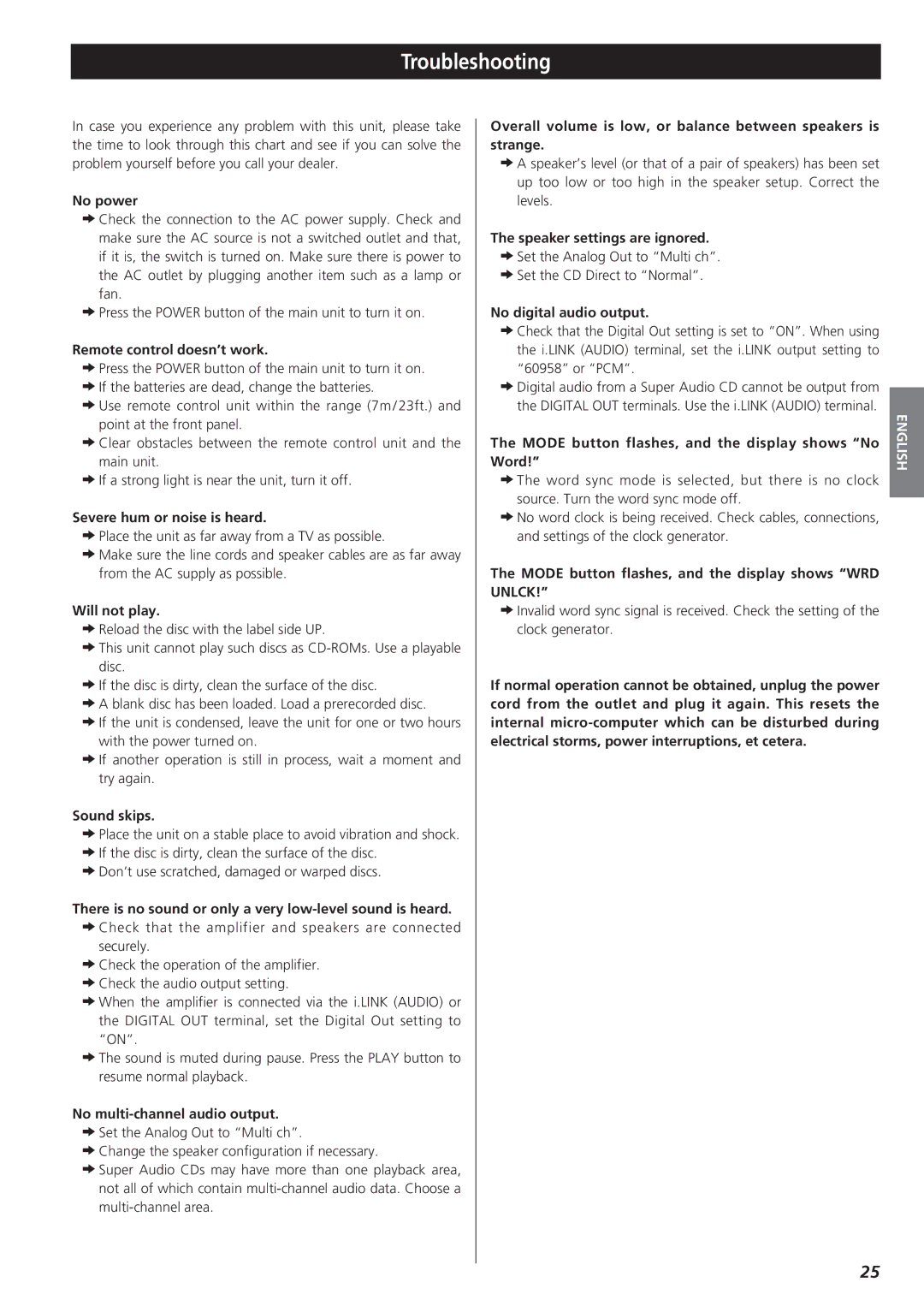 Teac X-01 D2 owner manual Troubleshooting, Unlck 