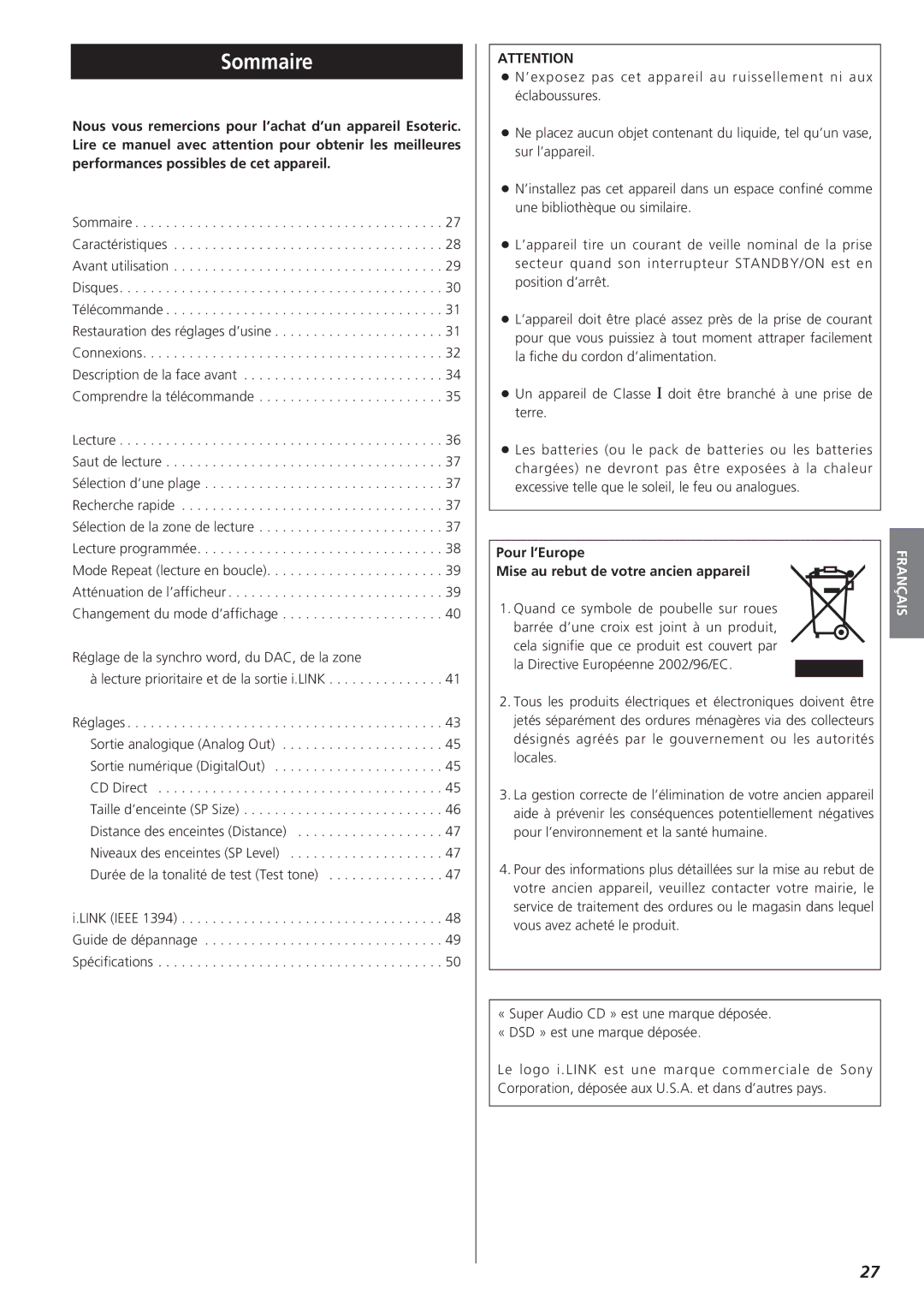 Teac X-01 D2 owner manual Sommaire, Pour l’Europe, Mise au rebut de votre ancien appareil 