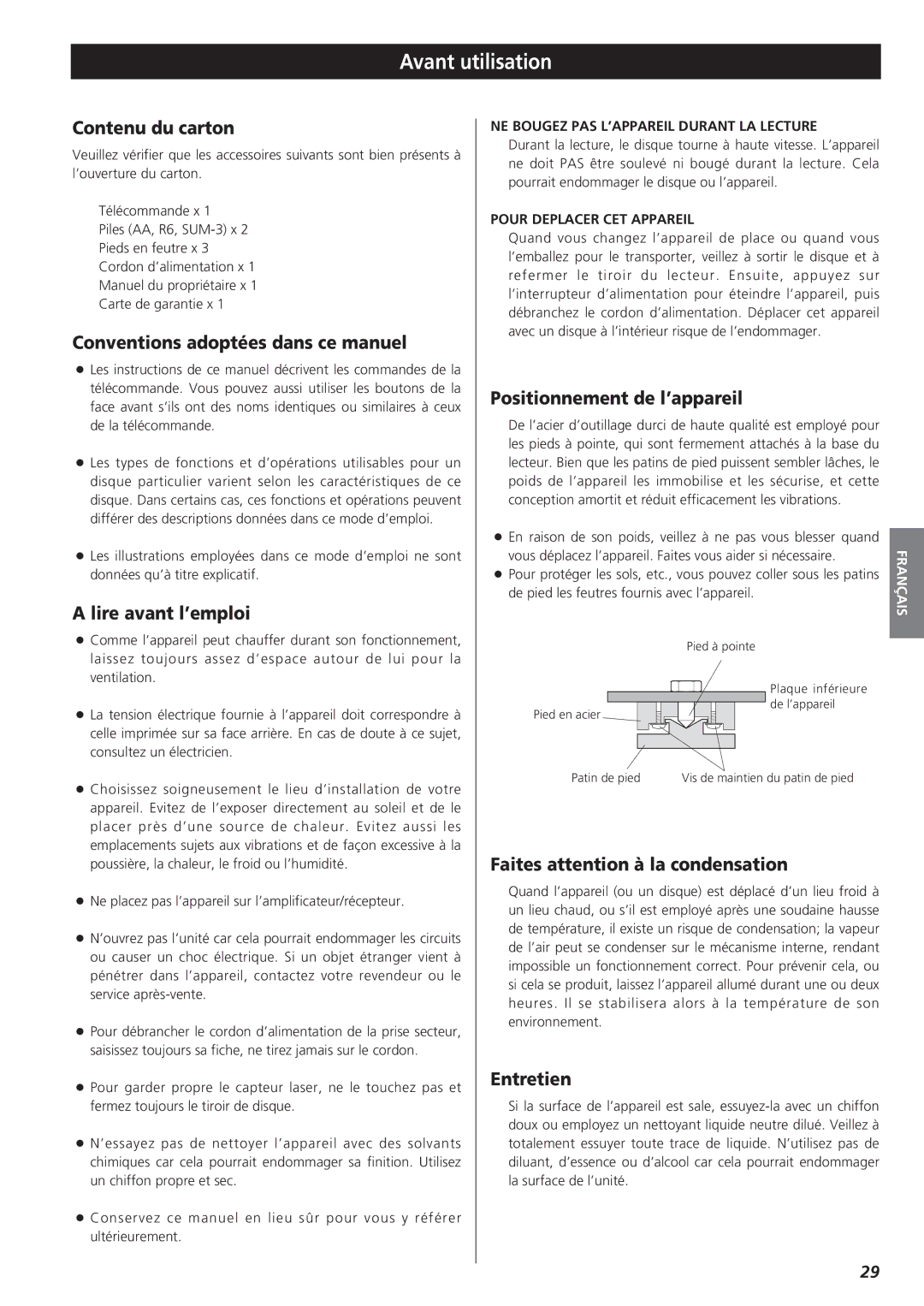 Teac X-01 D2 owner manual Avant utilisation 