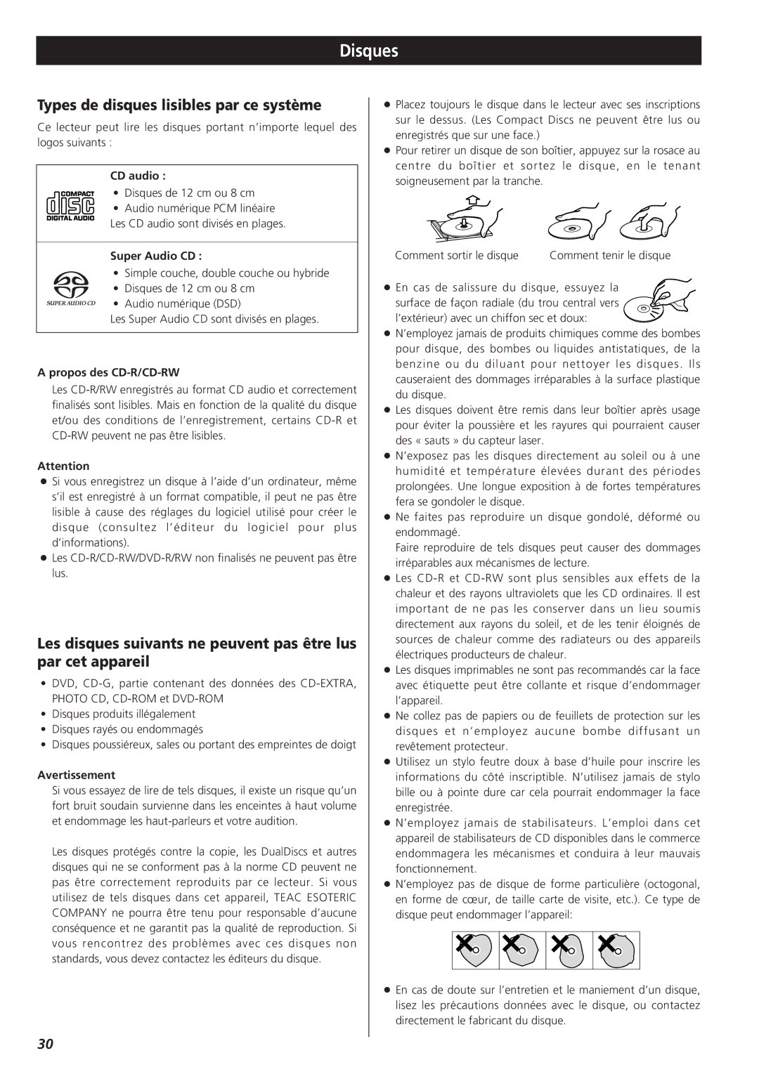 Teac X-01 D2 owner manual Disques, Types de disques lisibles par ce système, CD audio, Propos des CD-R/CD-RW, Avertissement 