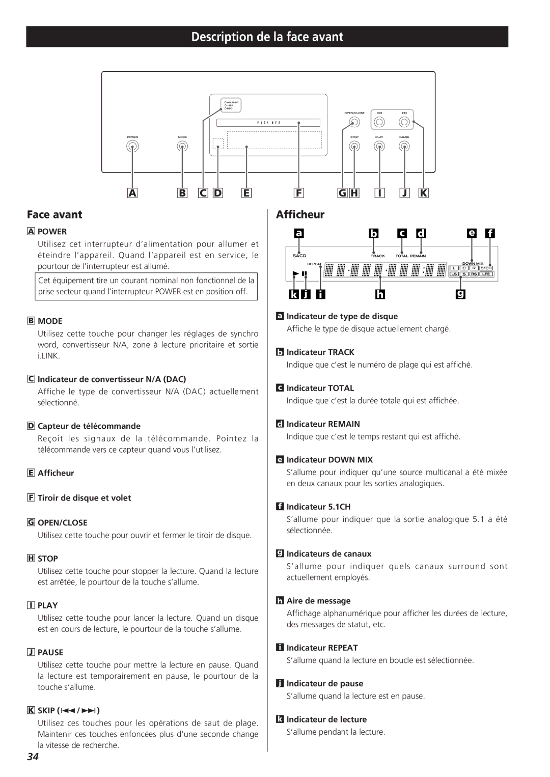 Teac X-01 D2 owner manual Description de la face avant, Face avant, Afficheur 