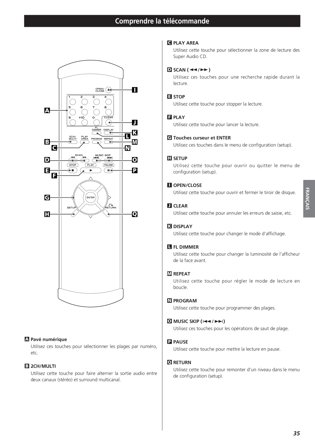 Teac X-01 D2 owner manual Comprendre la télécommande, Touches curseur et Enter, Pavé numérique 