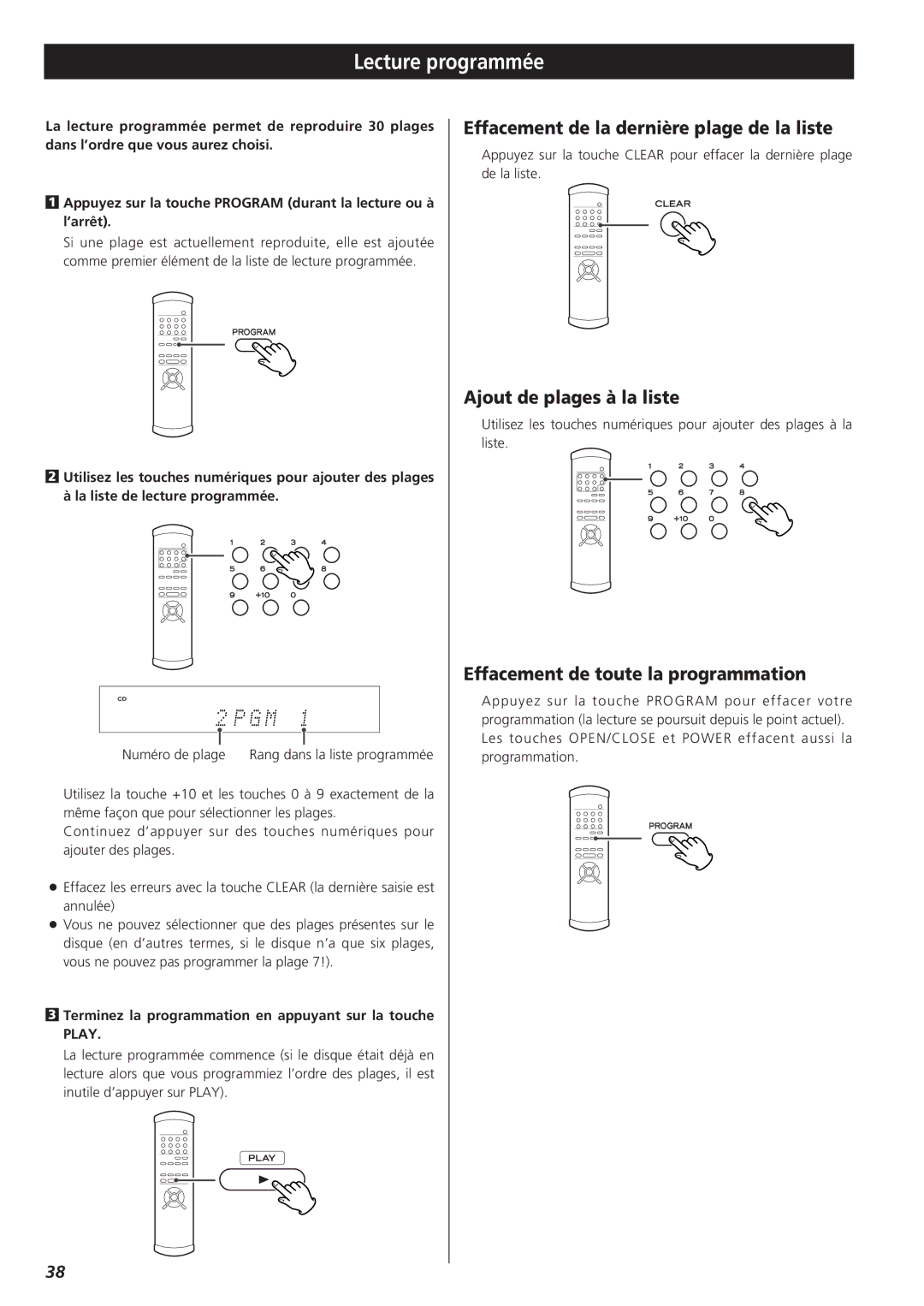 Teac X-01 D2 owner manual Lecture programmée, Effacement de la dernière plage de la liste, Ajout de plages à la liste 