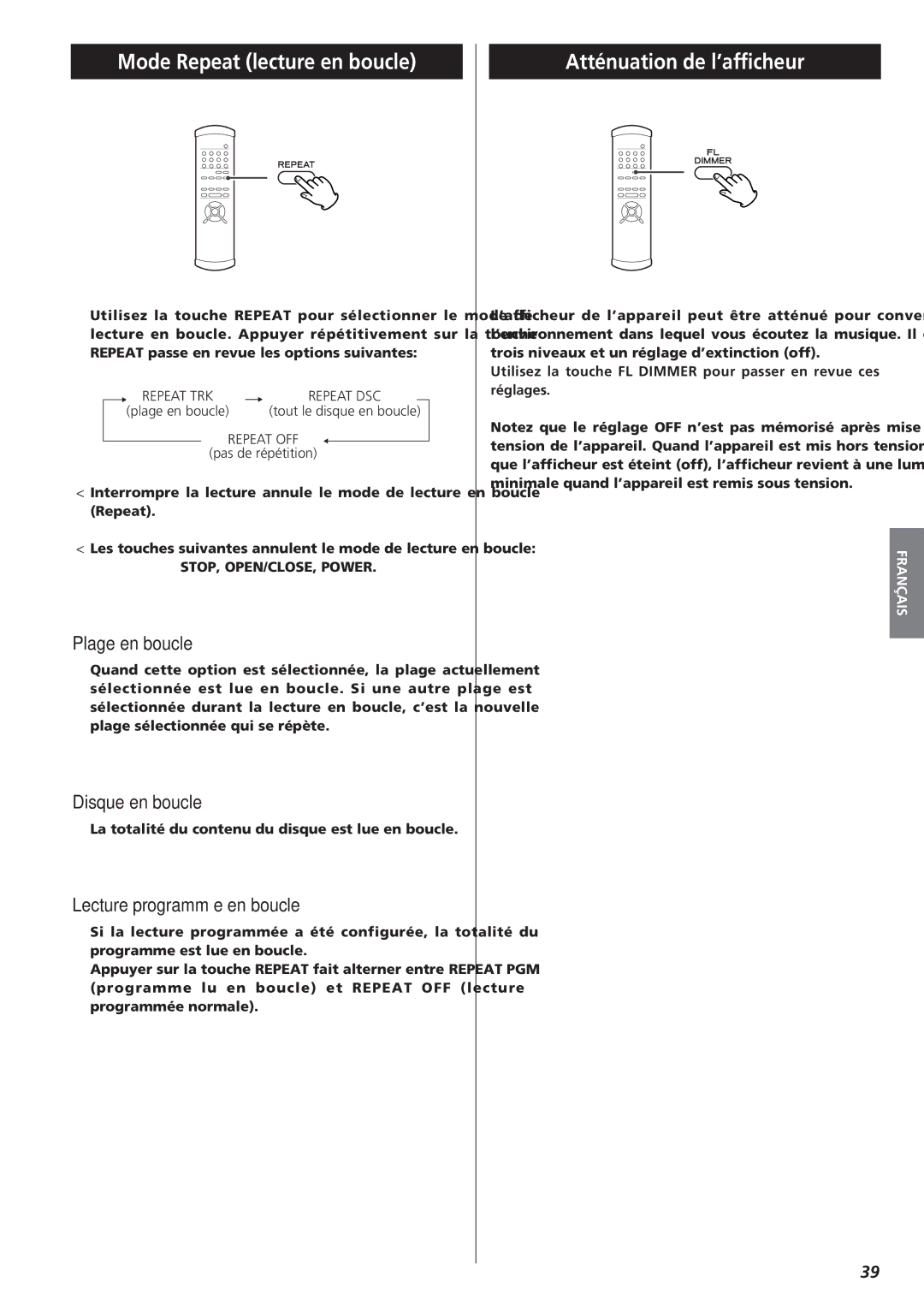 Teac X-01 D2 owner manual Mode Repeat lecture en boucle, Atténuation de l’afficheur, Plage en boucle, Disque en boucle 