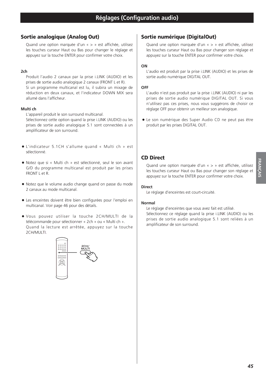 Teac X-01 D2 owner manual Réglages Configuration audio, Sortie analogique Analog Out, Sortie numérique DigitalOut 