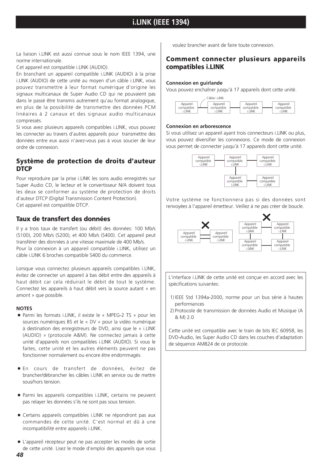 Teac X-01 D2 owner manual Système de protection de droits d’auteur, Taux de transfert des données, Connexion en guirlande 