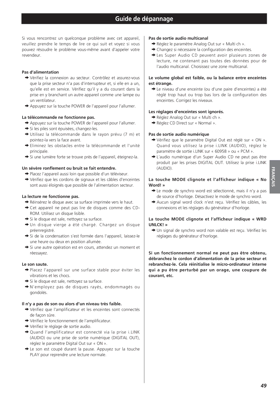 Teac X-01 D2 owner manual Guide de dépannage, Unlck! » 