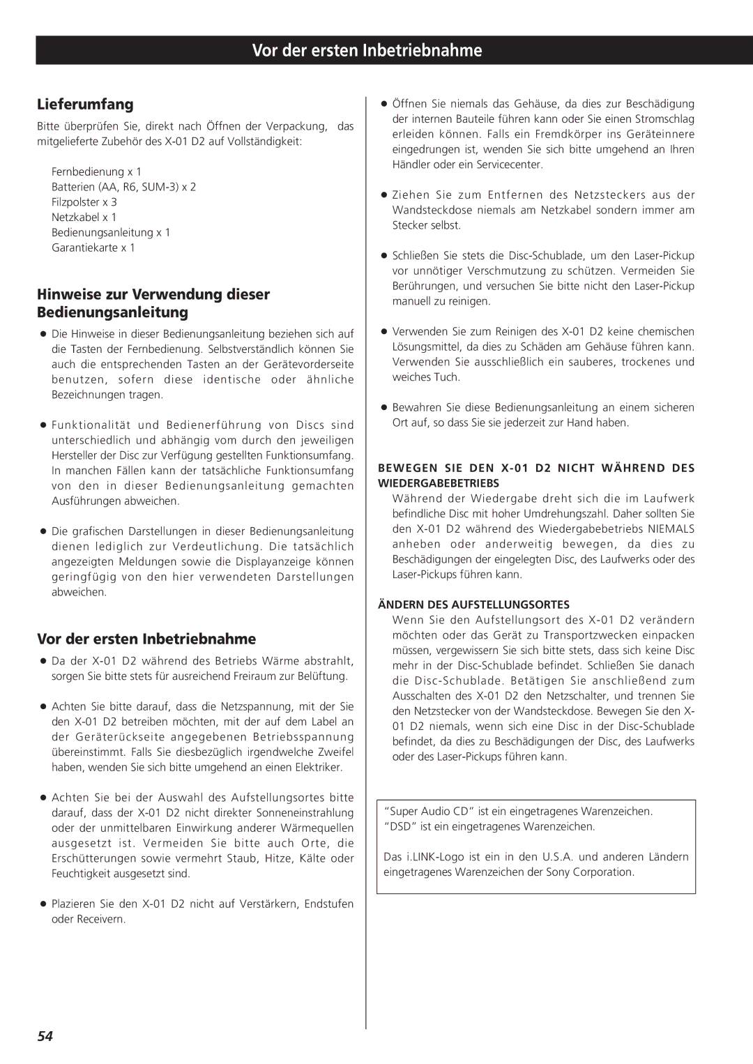 Teac X-01 D2 owner manual Vor der ersten Inbetriebnahme, Lieferumfang, Hinweise zur Verwendung dieser Bedienungsanleitung 