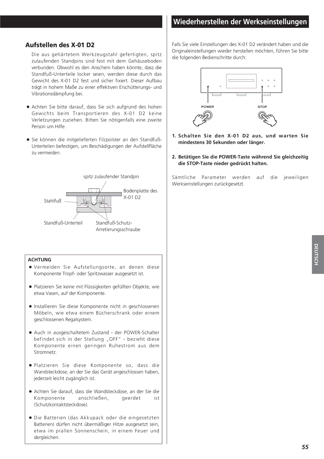 Teac owner manual Aufstellen des X-01 D2, Achtung 