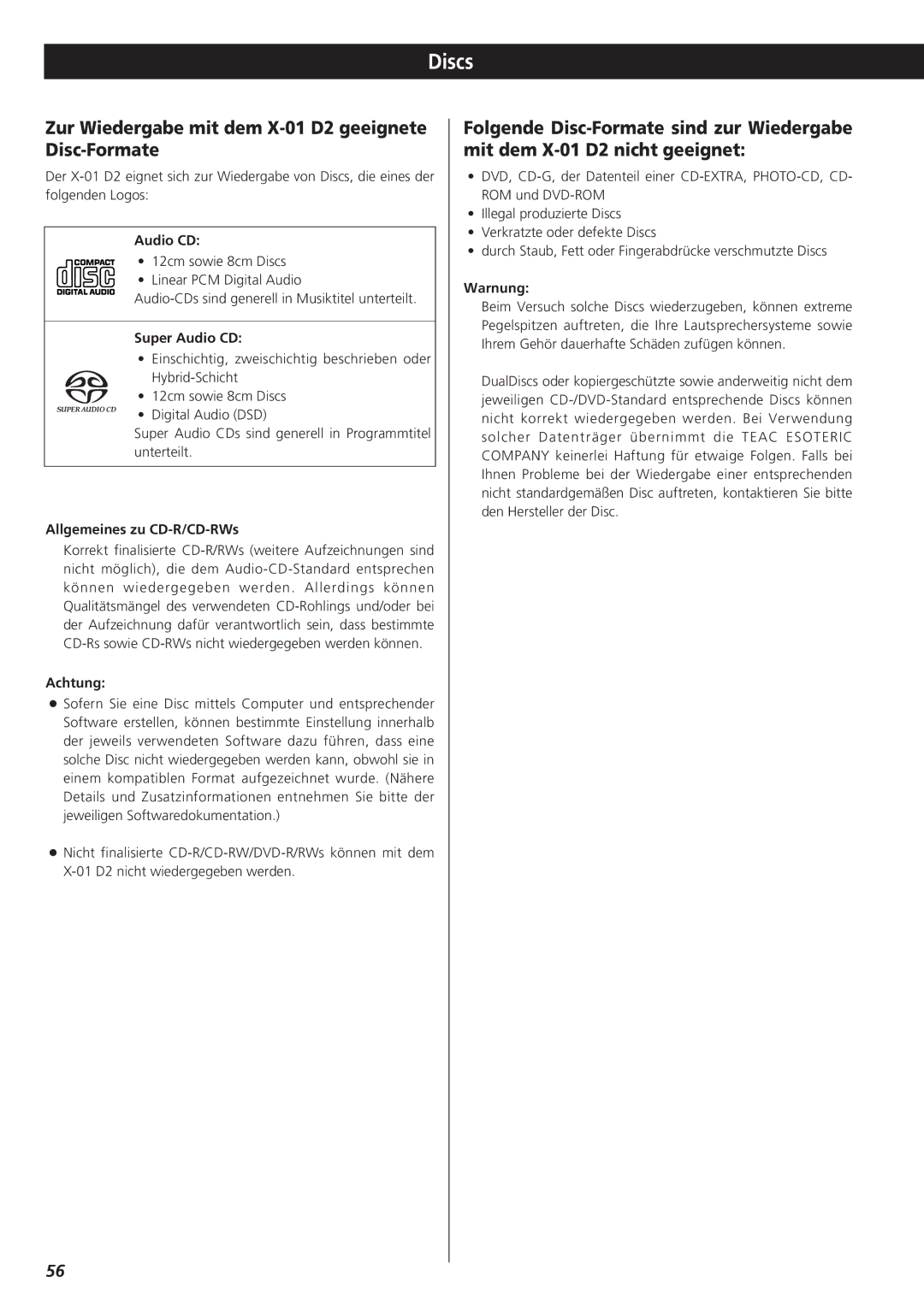 Teac owner manual Zur Wiedergabe mit dem X-01 D2 geeignete Disc-Formate, Allgemeines zu CD-R/CD-RWs, Achtung, Warnung 