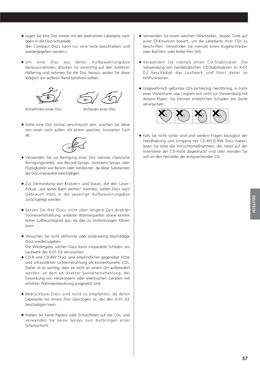 Teac X-01 D2 owner manual Anfassen einer Disc 