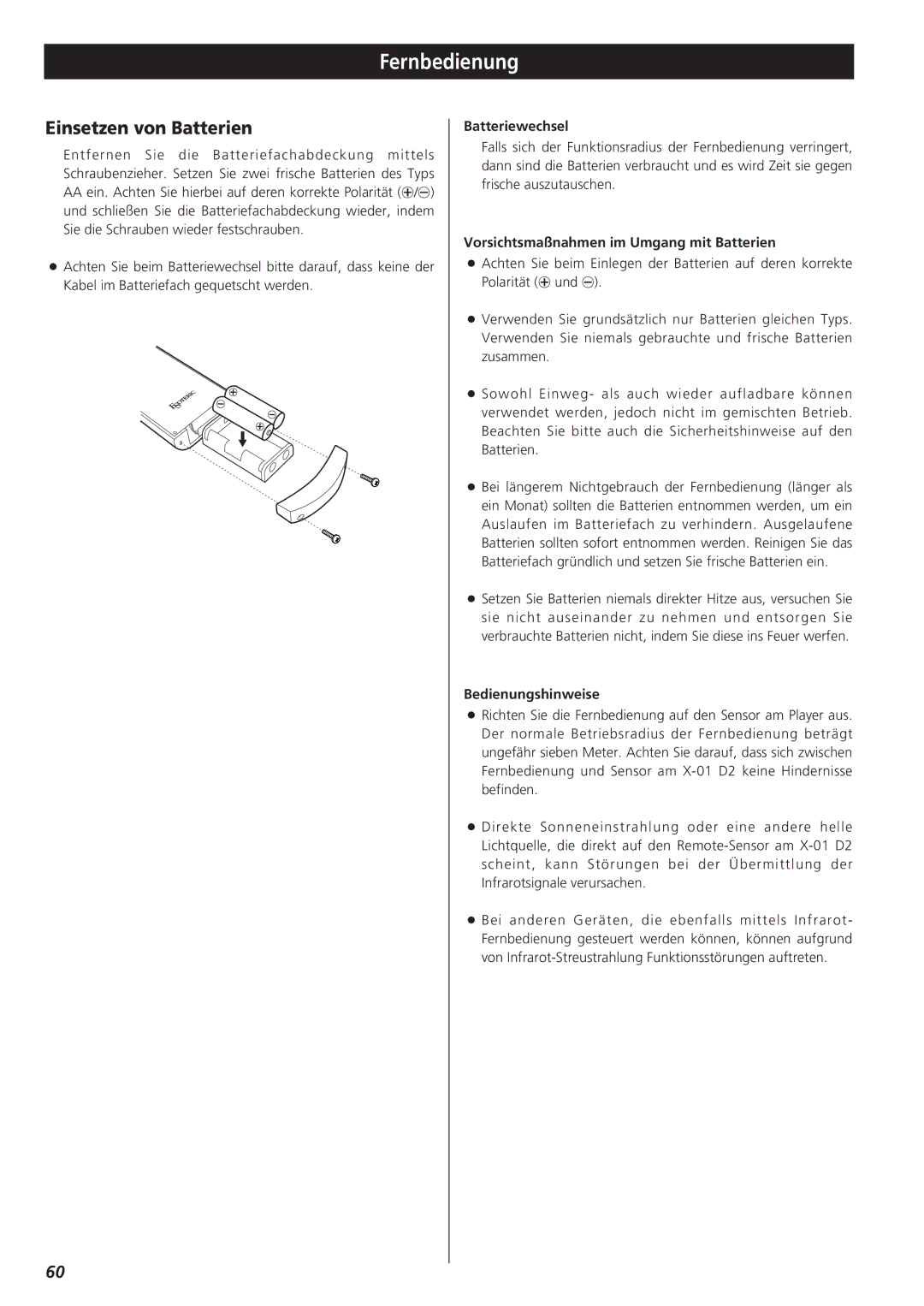 Teac X-01 D2 Fernbedienung, Einsetzen von Batterien, Batteriewechsel, Vorsichtsmaßnahmen im Umgang mit Batterien 
