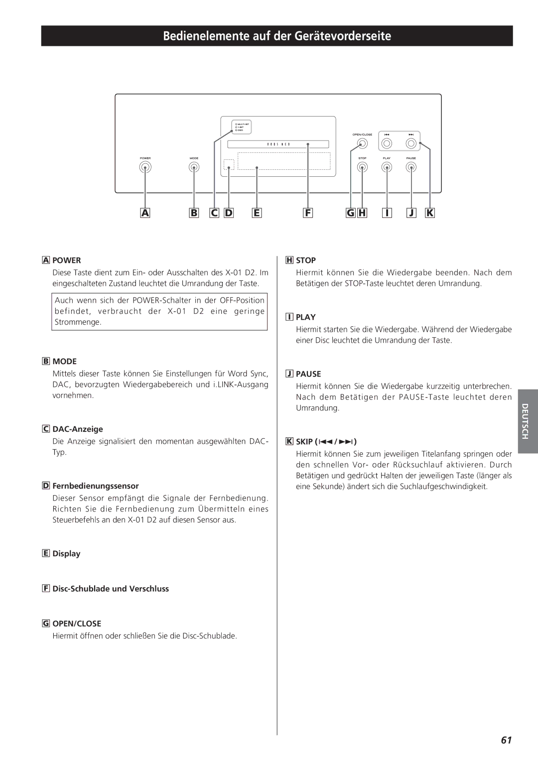 Teac X-01 D2 owner manual Bedienelemente auf der Gerätevorderseite, DAC-Anzeige, Fernbedienungssensor 