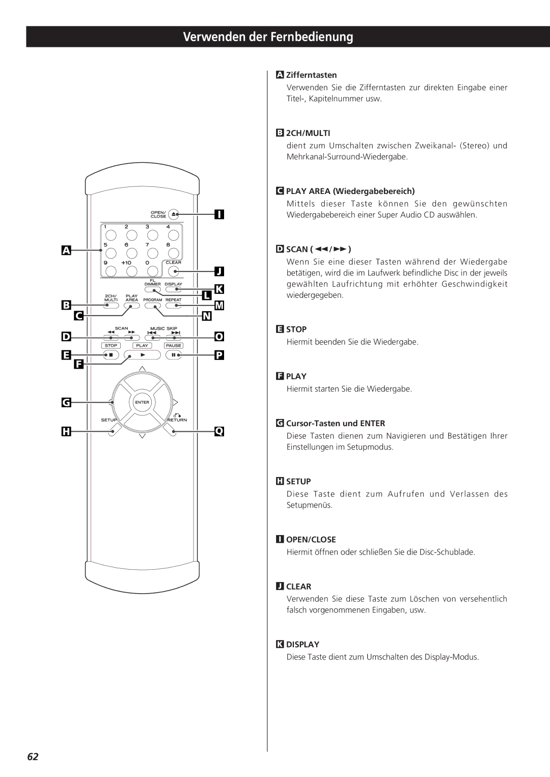 Teac X-01 D2 owner manual Verwenden der Fernbedienung, Zifferntasten, Play Area Wiedergabebereich, Cursor-Tasten und Enter 