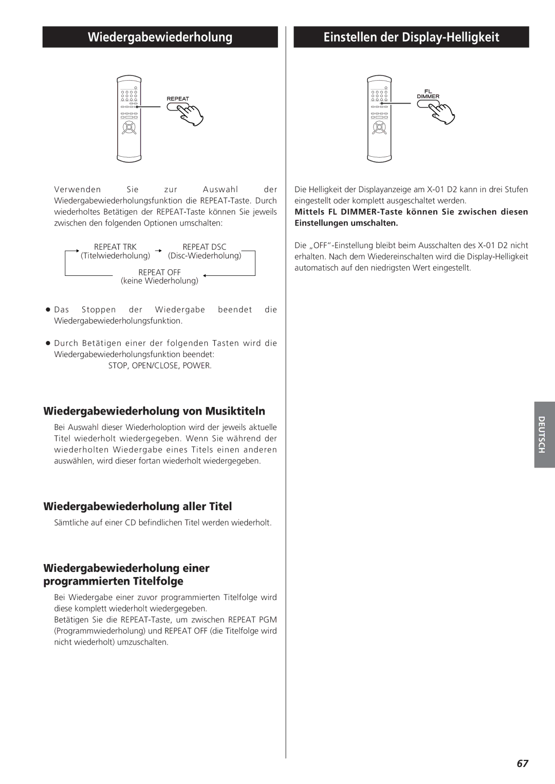 Teac X-01 D2 owner manual Einstellen der Display-Helligkeit, Wiedergabewiederholung von Musiktiteln 