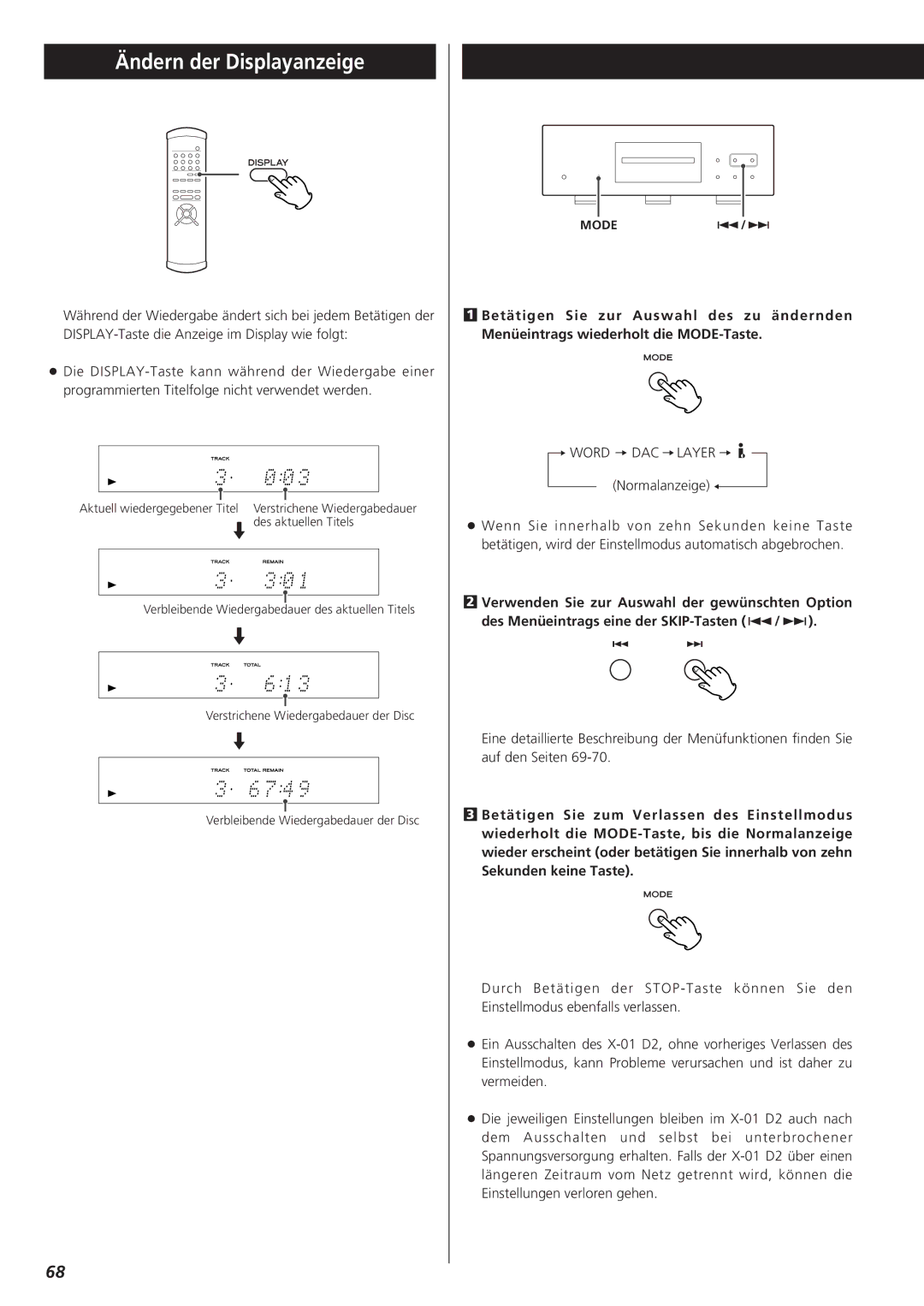 Teac X-01 D2 owner manual Ändern der Displayanzeige, Normalanzeige 