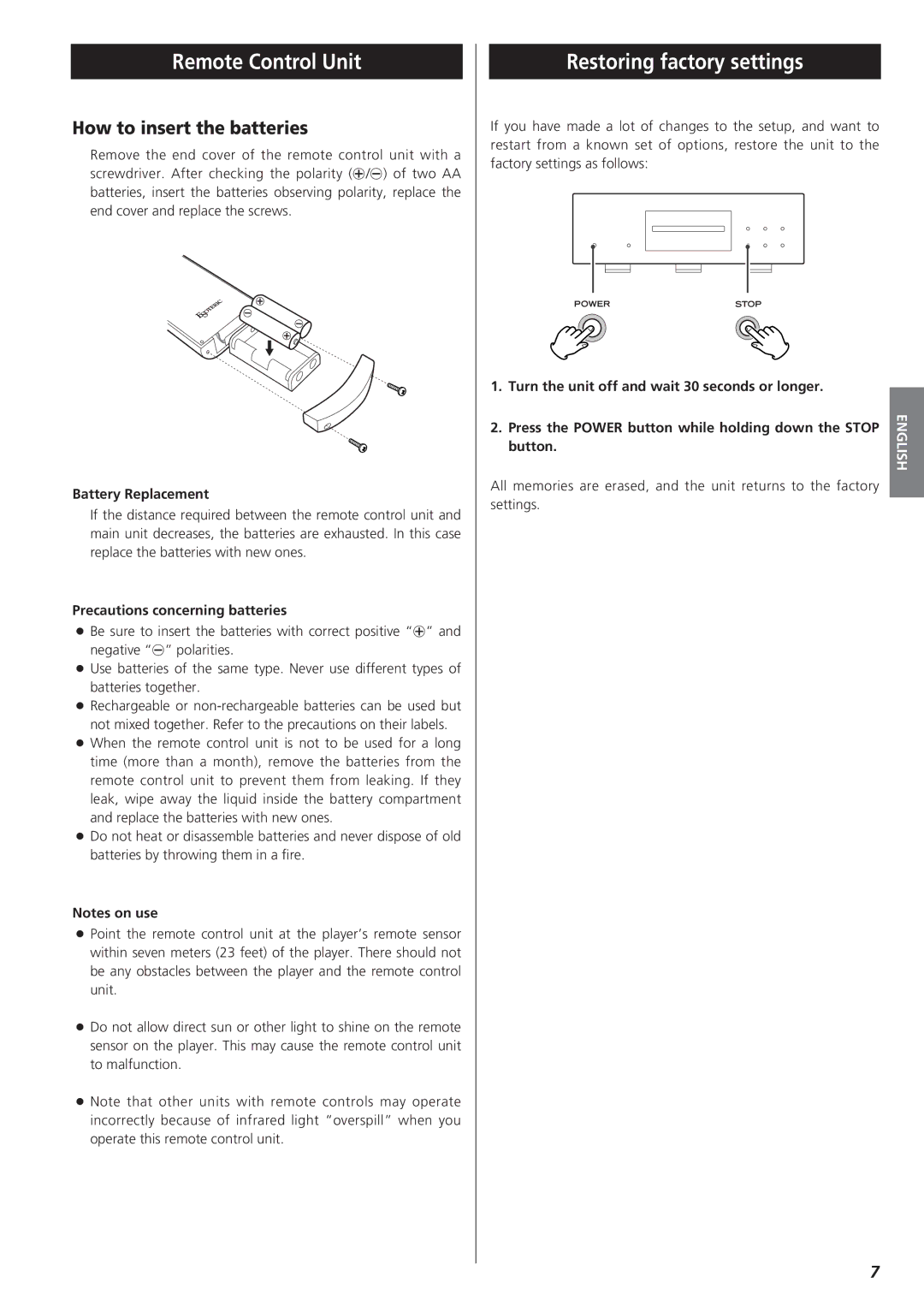 Teac X-01 D2 owner manual Remote Control Unit, Restoring factory settings, How to insert the batteries 