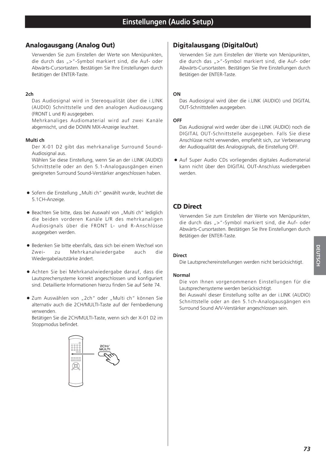 Teac X-01 D2 owner manual Einstellungen Audio Setup, Analogausgang Analog Out, Digitalausgang DigitalOut 