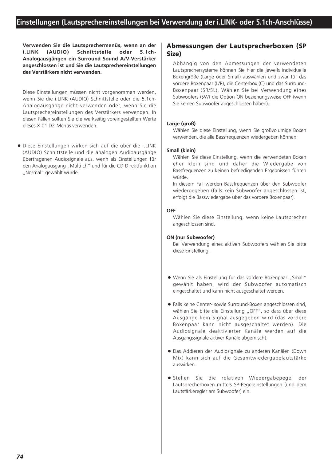 Teac X-01 D2 owner manual Abmessungen der Lautsprecherboxen SP Size, Large groß, Small klein, On nur Subwoofer 
