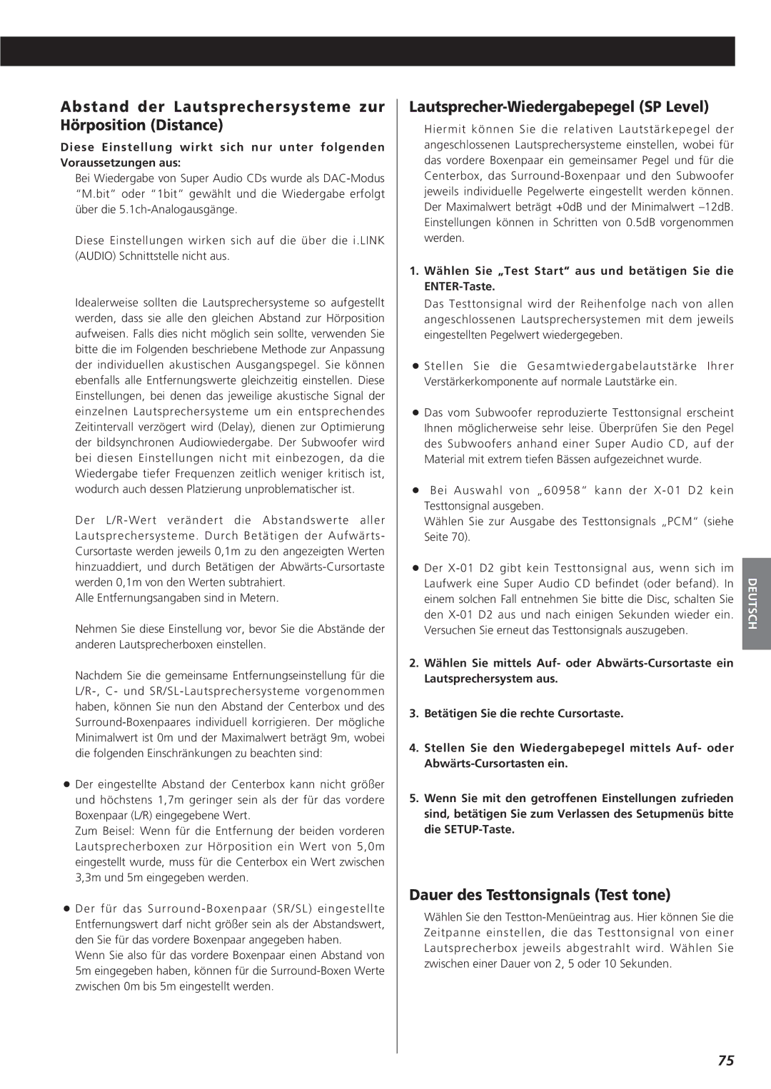 Teac X-01 D2 owner manual Abstand der Lautsprechersysteme zur Hörposition Distance, Lautsprecher-Wiedergabepegel SP Level 