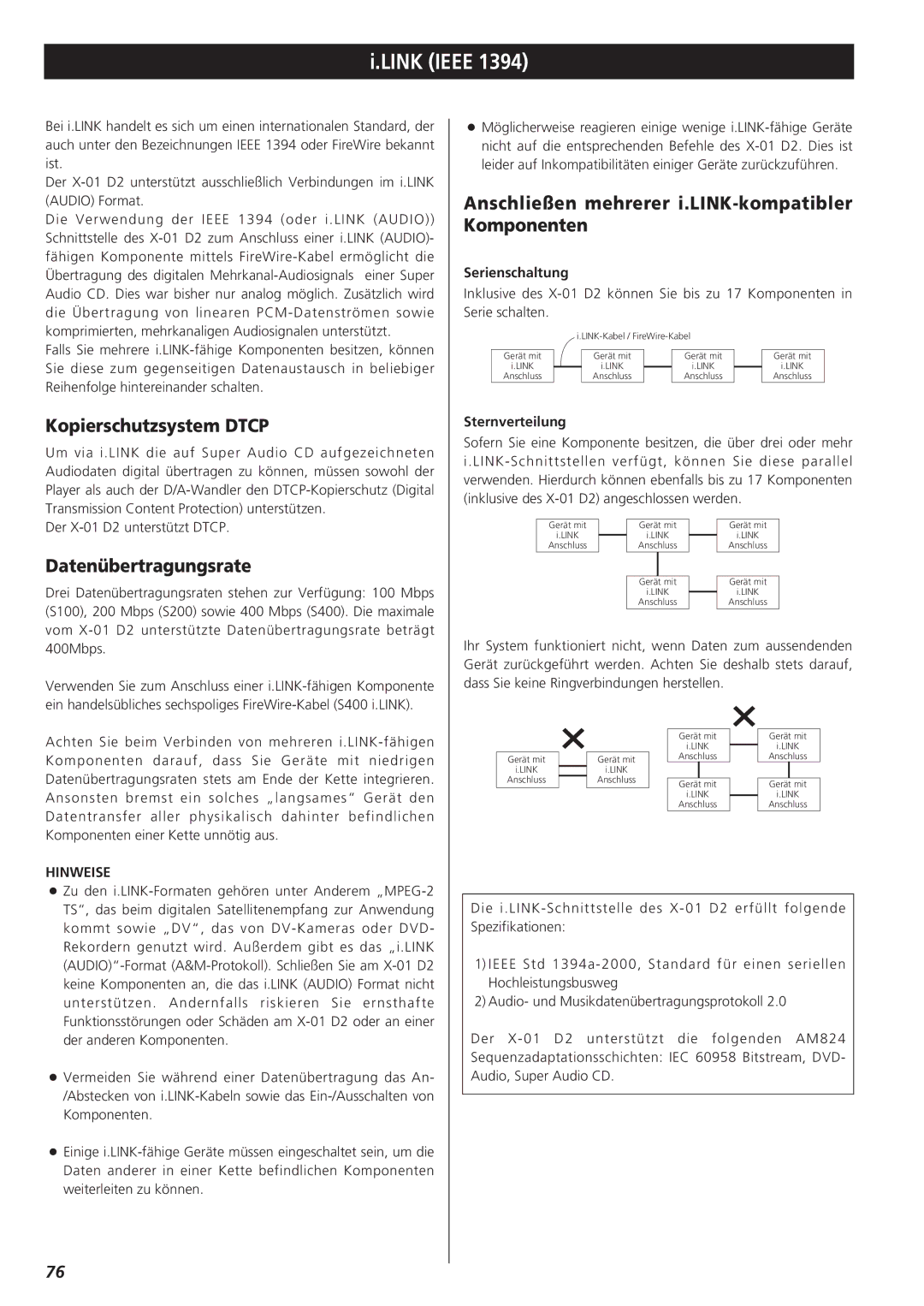 Teac X-01 D2 Kopierschutzsystem Dtcp, Datenübertragungsrate, Anschließen mehrerer i.LINK-kompatibler Komponenten, Hinweise 