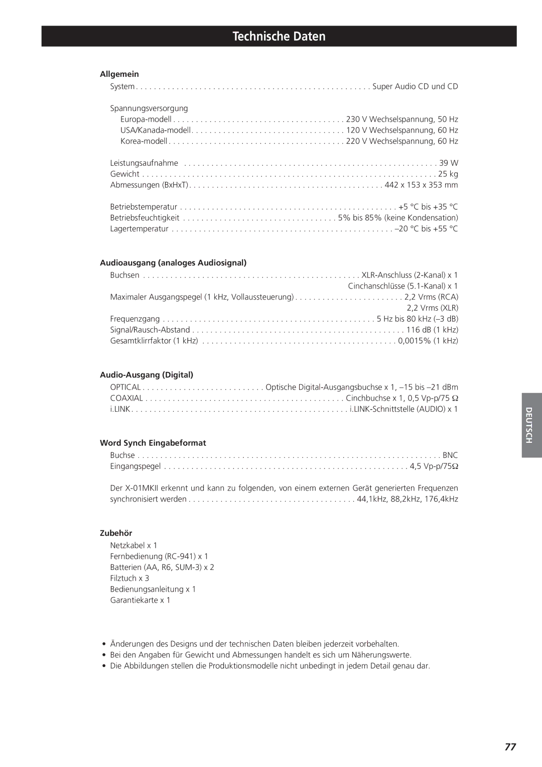 Teac X-01 D2 owner manual Technische Daten 