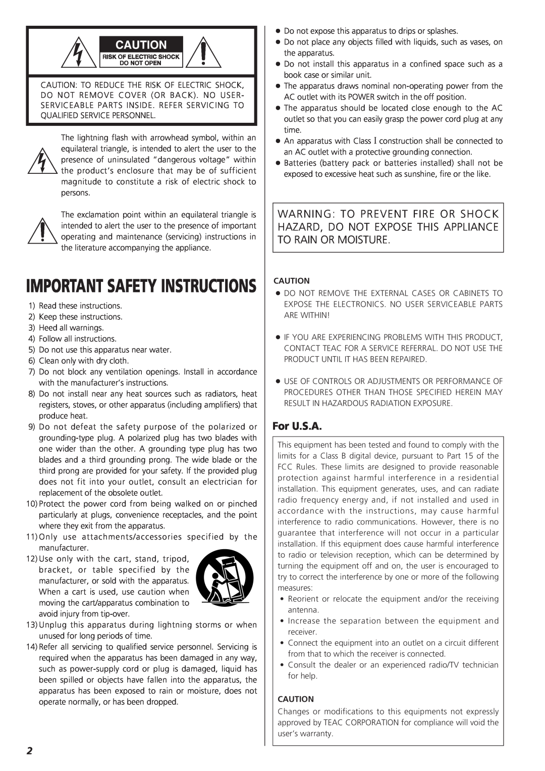 Teac X-01 D2 owner manual For U.S.A, Important Safety Instructions 