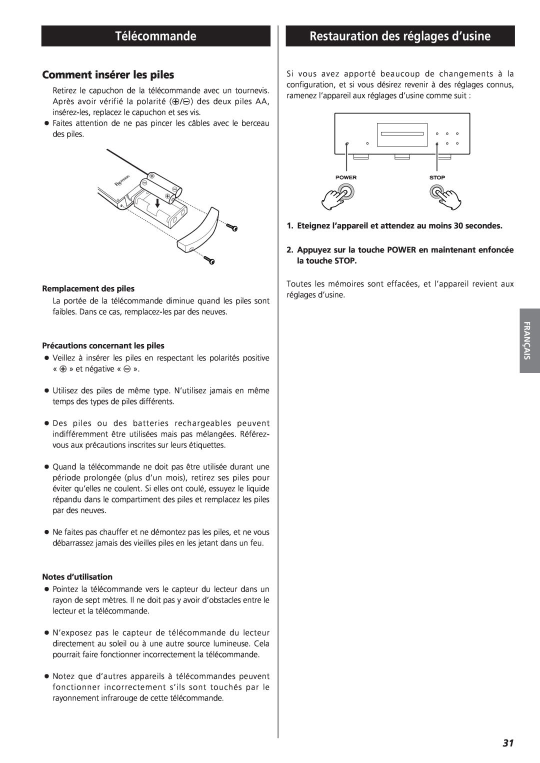 Teac X-01 D2 owner manual Télécommande, Restauration des réglages d’usine, Comment insérer les piles, Français 